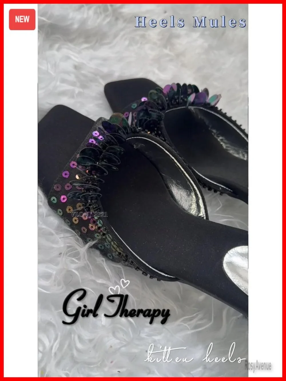 Stiletto Low Heeled Mule Sandals Sequin Square Toe Slip On Trendy Party Wedding
